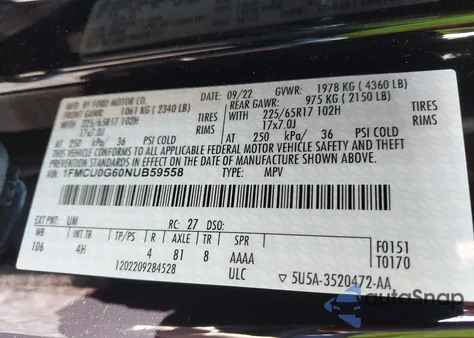 2022 Ford Escape Se from USA, damaged, VIN 1FMCU0G60NUB59558